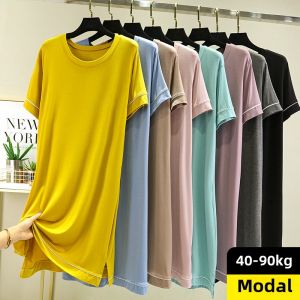 Modal Short-Sleeved Dress Womens Summer round Neck Plus Size Overknee Dress Loose Slim Looking Pure Color Thin Nightdress