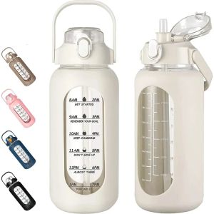 1000ML Glass Water Bottles With Straw Glass Bottle With Silicone Sleeve And Time Marker For Gym Camping Home Office