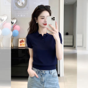 XIAMENGSHI | Áo Thun Knit Cổ Polo Tay Ngắn Thiết Kế Độc Đáo cho Nữ