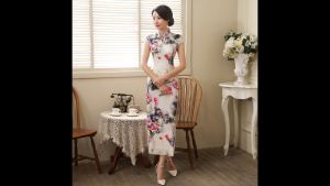 Suzhou Vintage White Print Faux Silk Maxi Cheongsam 1044-01