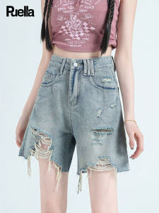 puella | Rhinestone Embellished Ripped Denim Shorts High Waist Loose Tapered