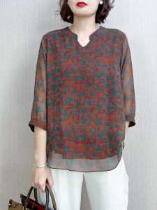 Floral Print Midi Sleeve Silk Chiffon Top Women Loose Fitting Spring Summer New Style Office Lady Half Open Collar Regular Length