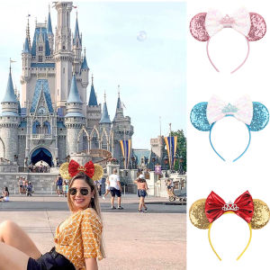 Disney | New Glitter Crown Hairband Girls Princess Party Headwear for Girls Sequins Mouse Ears 5" Bow Headband Kids Trip DIY Accessories