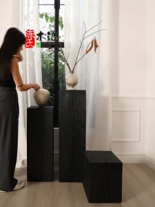 Black Carbon Wood Log Table Leg Home Decorative Corner Table Folk Homestay Side Table Low Stool Creative Solid Wood Bench