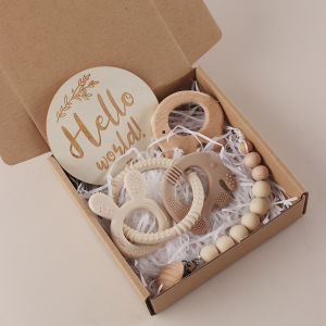 2025 New 4pcs Baby Elephant and Bunny Teether Gift Set - Baby Silicone Pacifier Chain Wooden Milestone