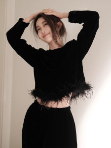 Gardenia Black Tassel Splice round Neck High Waist Slimming Womens Top And Skirt Two-Piece Set Korean Style Casual Long Sleeve