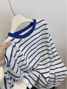 Ice Silk Linen Knitted Sunscreen Shirt for Women Thin Style Summer Outerwear Breathable Air Conditioning Shirt with Color Block Stripes