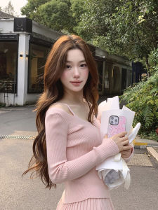 Korean Style Pure Desire Pink Knitted Short V-Neck Base Shirt Womens Elegant Beautiful Top Fashionable Autumn Clothing