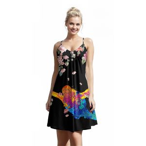 Jumeast Flower Pattern Women Fashion Button Sling Dress Alien 3D Printed Beach Elegant Skirt Tropical Style Hawaiian Casual Clothing