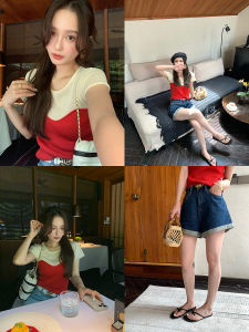 Yumomo Summer Cotton Knitted T-Shirt And Folded Jeans Shorts Set Womens Fashion Two-Piece Suit round Neck Short Sleeve