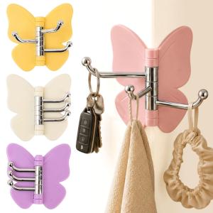 4Pcs Plastic Rotating Butterfly Wall Hooks / Self Adhesive Storage Hanger / Decorative Organizer Hooks / for Bathroom Kitchen Home