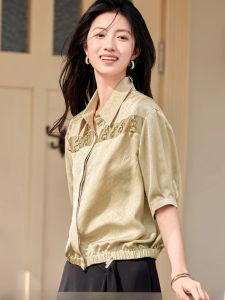WANGGONGZHU | Princess Style Short Sleeve Satin Trimmed Shirt Women Summer Thin Fashion Metal Buckle Casual Polo Collar Regular Fit Shirt