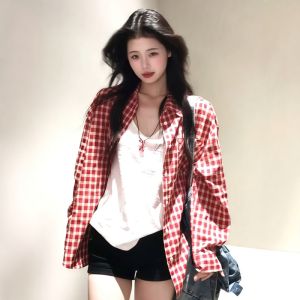 Áo Sơ Mi Chống Nắng Kẻ Caro Đỏ Mùa Hè Phong Cách Mới Cổ Polo Tay Dài Dáng Rộng Thường Ngày Mỏng Cho Nữ