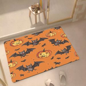 VIKAMA Halloween Doormat Cute Bat Pumpkin Cartoon Print Non‑Slip Floor Mat for Entryway Bathroom Spooky Home Decor