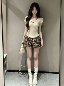 CHANGTONG | Vintage Chic Leopard Print V-Neck Top and Skirt Set