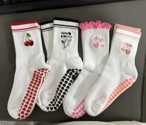 European size 36-43， 3 Pairs Knitted Embroidered Yoga Fitness Pilates Sports Silicone Non slip Bottom Womens Middle Socks