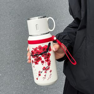 VRIUKNT | Bình Nước Bằng Thép Không Gỉ 600ml/800ml Thiết Kế Hoa Mận Đỏ Kiểu Trung Quốc Cốc Cách Nhiệt Có Nắp Tách Trà Và Nước Dành Cho Leo Núi Ngoài Trời