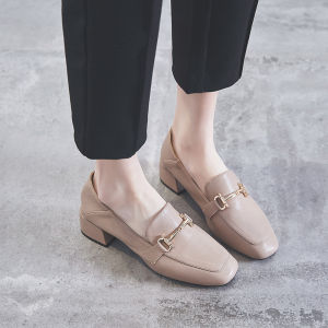 Comfortable mid Heel Single Shoes for Women Spring Autumn New Style Metal Buckle British Retro Soft Bean Shoes Two-Way Trendy