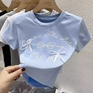 Girls Elastic Short Sleeve T-Shirt Summer New Butterfly Knot Half Sleeve round Neck Body Shirt Korean Versatile Cotton Blend Tee