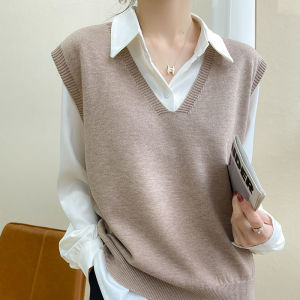 French Early Autumn Knitted Wool Vest Loose Sleeveless Womens Style Commute Fashion V-neck Regular Thickness Pure Color