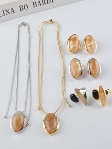 Natural Tea Crystal Stone Adjustable Pendant Necklace 18K Gold Plated Earrings Rings Luxury Design High-End Sweater Chain