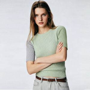 AMII | Leisure Round Collar Color Block Medium Sleeve Knitwear Slimming