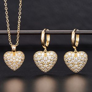 Huitan 2Pcs/Set Womens Heart Jewelry Set Pave CZ Love Earrings and Pendant Necklace Elegant Bridal Wedding Accessories for Her