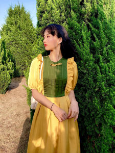 Original Whale Vintage Bubble Sleeve Butterfly Knot Tea Break Dress Yellow Black Green Patchwork One Piece Dress