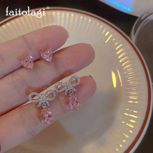 4 Pieces/1 Set Shining Pink Zircon Bow Stud Earrings for Women Sweet Cute Bow-knot Rhinestone Earrings Simple Korean Style Girls Female Jewelry Gift #10#