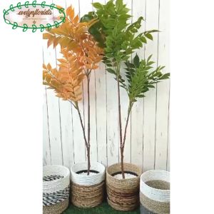 Pohon Daun Willow Merah & Hijau X2 Semi Latex Artificial Pot Dasar Hitam Cover Seagrass Hiasan Cafe Aesthetic