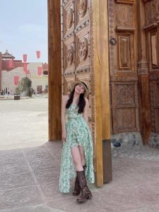 French Elegant Floral Print Halter Dress Women Summer Unique Green Split Beach Vacation Style Classy One Piece Dress