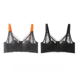 MiiOW | Front Zipper Lace Back Bra Womens Small Chest Illusion Gathered Anti-Sagging Side Breast Reduction Wire-Free Nylon Cup V-neck