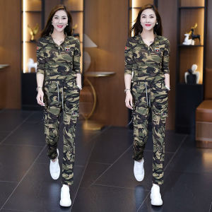 Camouflage Long Sleeve Pure Cotton Casual Leisure Pants Two Piece Set Womens Fashion Sportswear Spring Autumn New Style