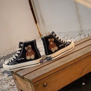 Korean Womens Cute Bear Design Student Versatile Sneakers Casual High Top Canvas Shoes