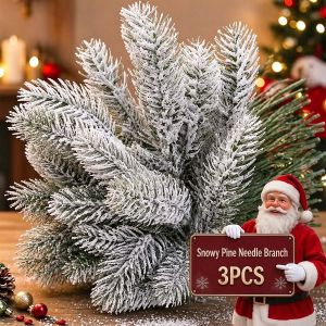 3x Artificial Christmas Frosted Pine Branch Snow Pine Needle Branch Flocked Greenery Pine Sprig Xmas Tree Wreath Decoration