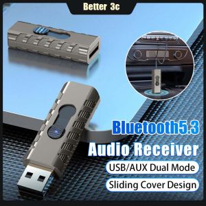 Sliding Cover Design Wireless Bluetooth Receiver and Transmitter USB/AUX Dual Mode Car Audio Adapter With Indicator Light For Speaker/Headphone/Power Amplifier