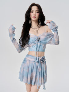 Womens 2025 New High-End Sensation Bikini Four-Piece Skirt Style Conservative Slimming Hot Spring Swimming Suit Long Sleeve