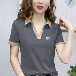 หลวม Fit Pure ผ้าฝ้าย เสื้อโปโลแขนสั้นผู้หญิง ฤดูร้อน เสื้อยืดพิมพ์ลายเรขาคณิต ลำลอง ชุดทํางาน