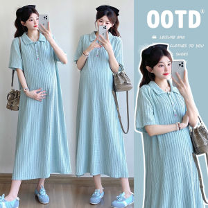 Maternity Short Sleeve Collar Colorful Button Loose Large Size Textured Elastic A-line Mid-length Dress