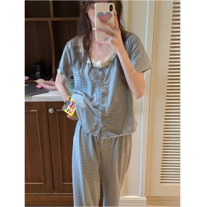 K-style Ins Style Three-Piece Lace Collar Stripes Button Short Sleeve Pajamas Female Thin Homewear Suit Can Be Outwear