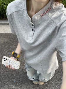 ZHUOCAN | American Style Hefty Embroidered Henley Neck Short Sleeve T-Shirt