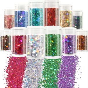 12 Colors Holographic Chunky Glitter Assorted 3mm Star Shapes Fine Glitter Powder for Body Nail Art Craft Mixed Colors