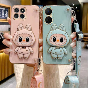 Phone Case Huawei Nova Y73 Honor X6C Casing New Hot Design Electroplated Silicone Soft Cover with Cute Labubu Cosmetic Mirror Stand and Lanyard 2025