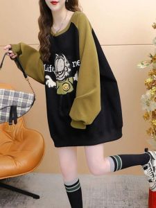 Loose Fit Womens round Neck Sweatshirt Spring Autumn plus Size Clothing Color Block Cartoon Print Long Sleeve Korean Style