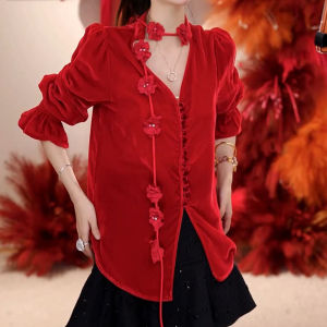 SHUAIYUE | Elegant Loose French Red Bell Sleeve Floral Ribbon Shirt