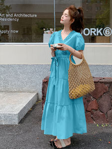 YINLUOYA | Sweet Lace Summer Dress Loose Fit A-Line Long Skirt High Waist V-Neck Short Sleeve Elegant Slimming Effect For Younger Look