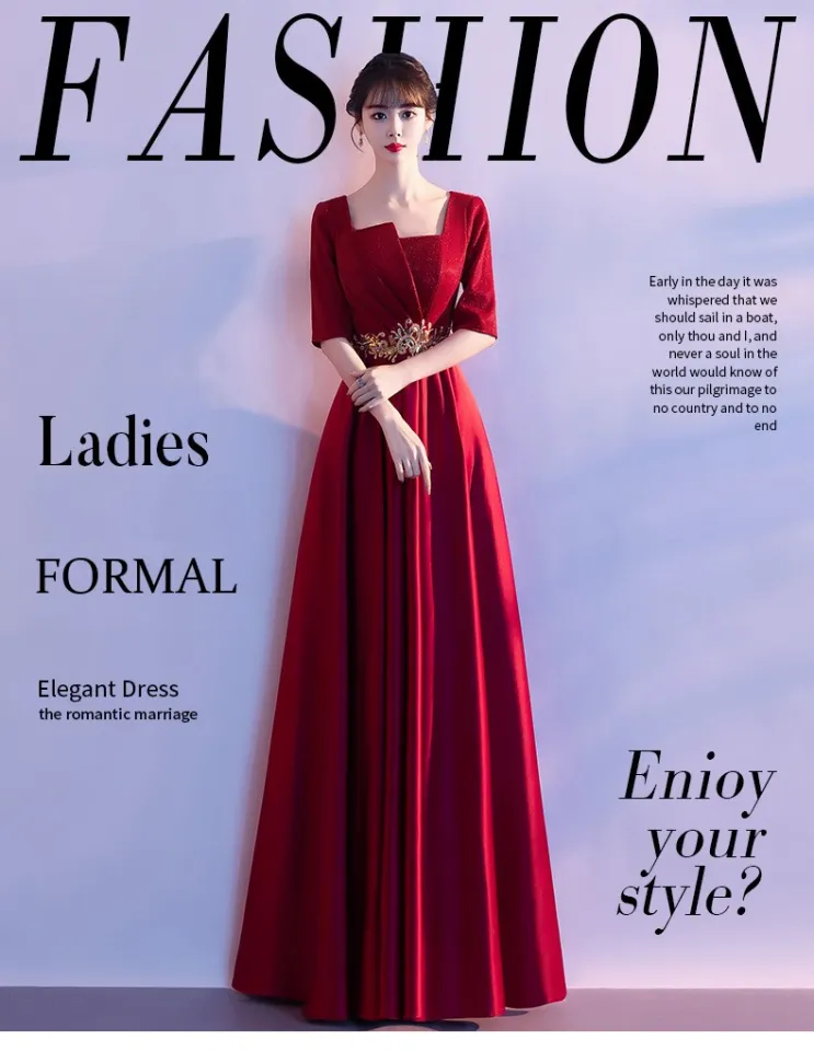 Long Sleeve Formal Elegant Red Dress Elegant Wine Red Velvet Long