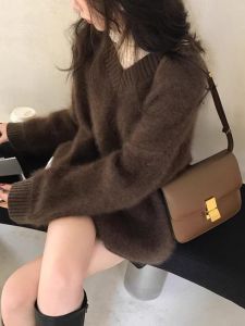 WANGGONGZHU | Soft Cozy V-Neck Cashmere Sweater Womens Autumn Winter Loose Pullover Fashionable Outerwear Princess Style Knitted Long Sleeve