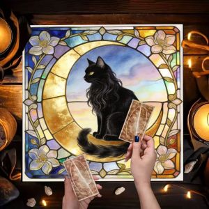 VIKAMA Color Window Black Cat Moon Phase Rose Retro Flower Altar Cloth Tarot Card Tablecloth Wika Divination Astrology Card Pad