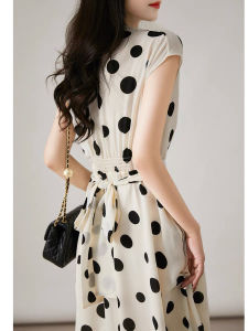 French Vintage High Quality Polka Dot Element Belted V-neck Shoulder Wrap Dress Womens Summer New Style A-line Midi Dress